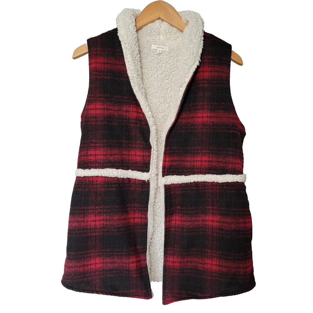 Maurices Wool Blend Sherpa Plaid Open Vest Sz M Cottagecore Lagenlook Country
